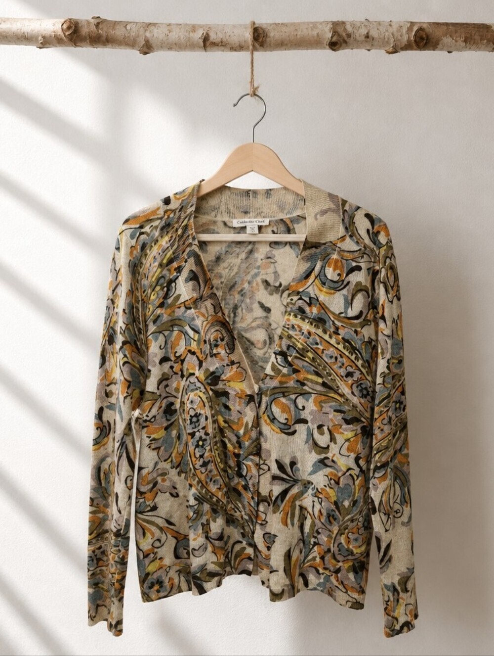 Coldwater Creek Cream and Mustard Paisley Open Cardigan
